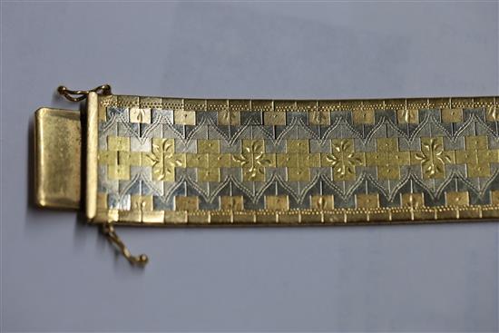 A 1960s 18ct three colour gold brick link bracelet, 80.9 grams.